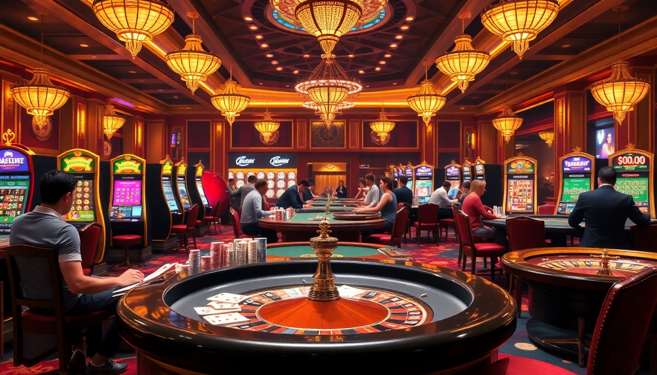 Players enjoying games at a casino en ligne francais featuring slots, roulette, and poker tables.